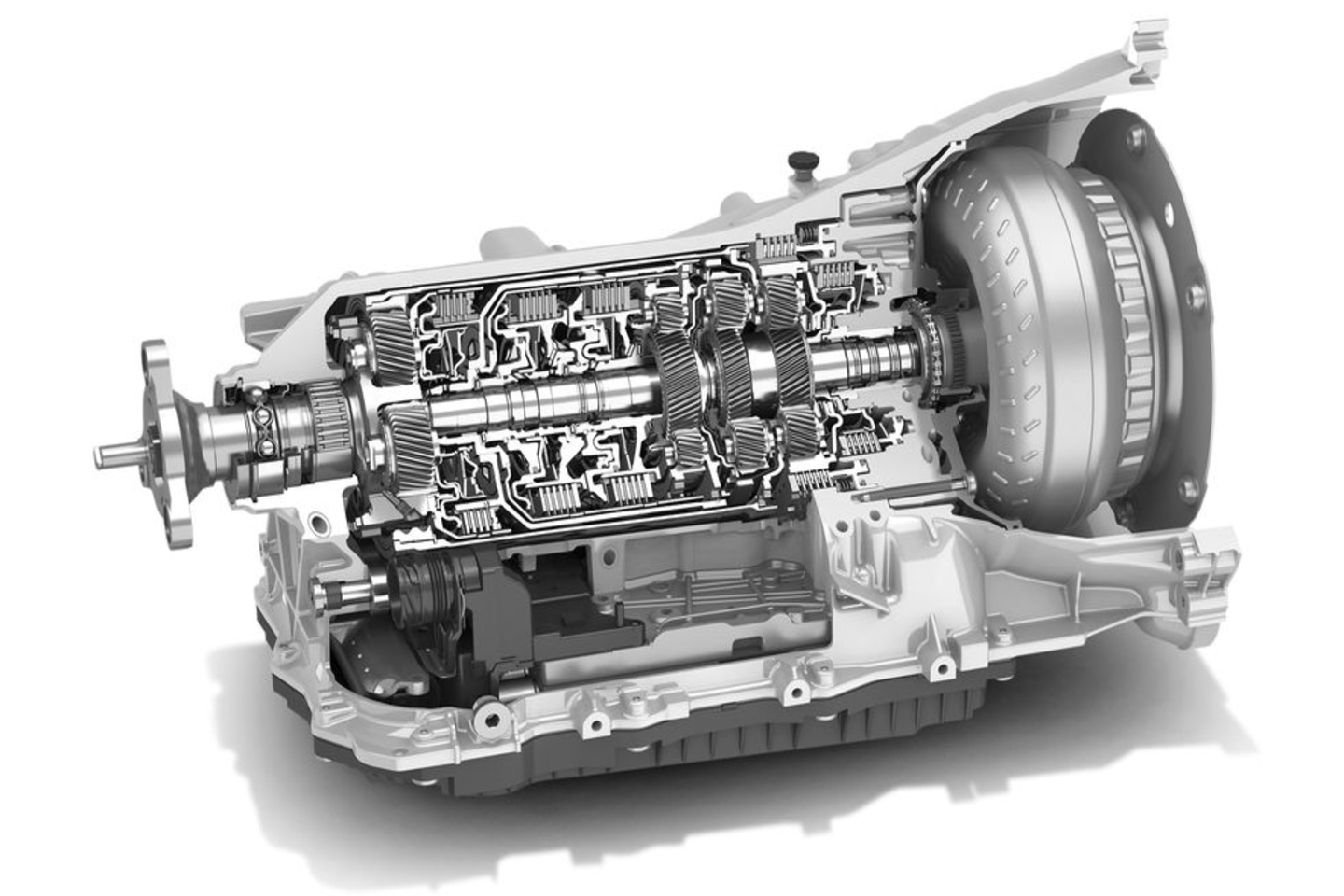 Ein Ausschnitt aus dem Innenleben eines ZF 8 Getriebesystems mit Zahnrädern und Kupplung
